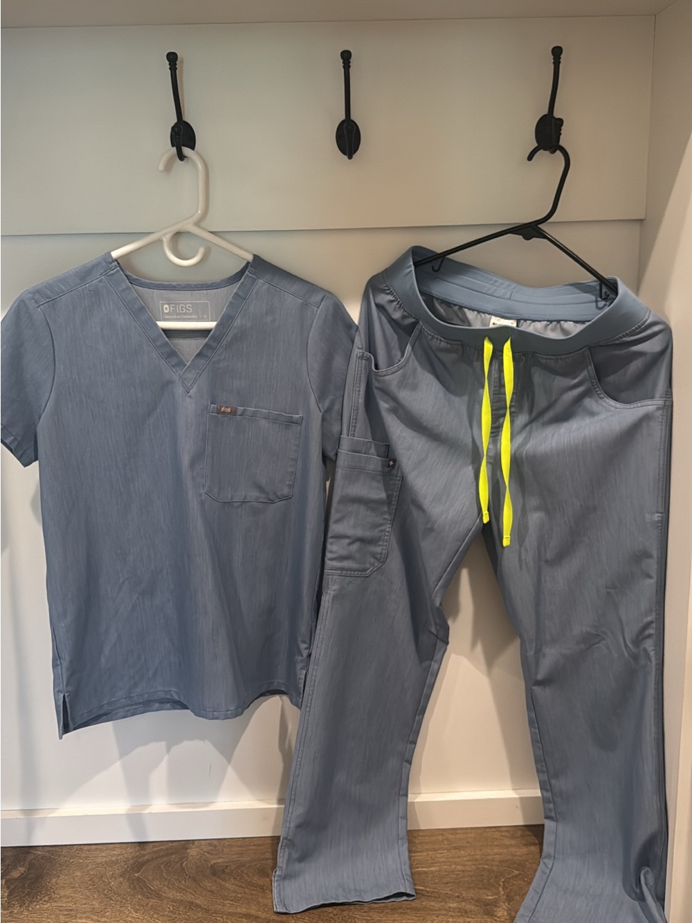 Figs Slate Blue Scrub Top and Pants with Neon Yellow Drawstring